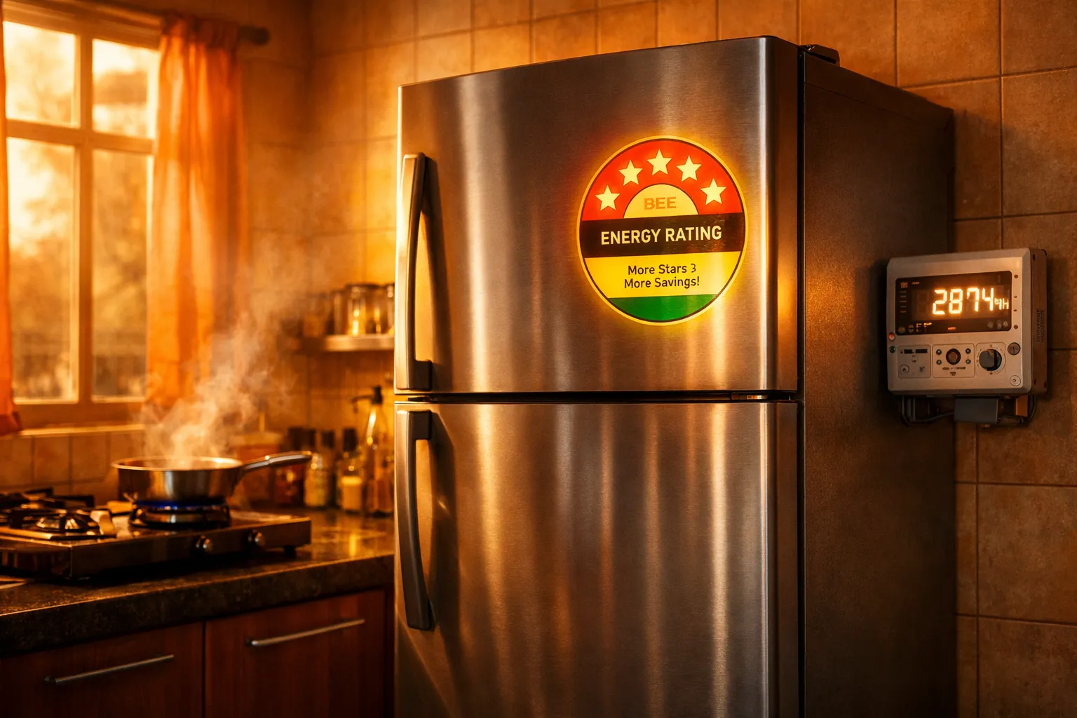 A double-door refrigerator with a glowing BEE 5-star energy rating sticker in a hot Indian kitchen next to a gas stove, with a high electricity meter reading on the wall