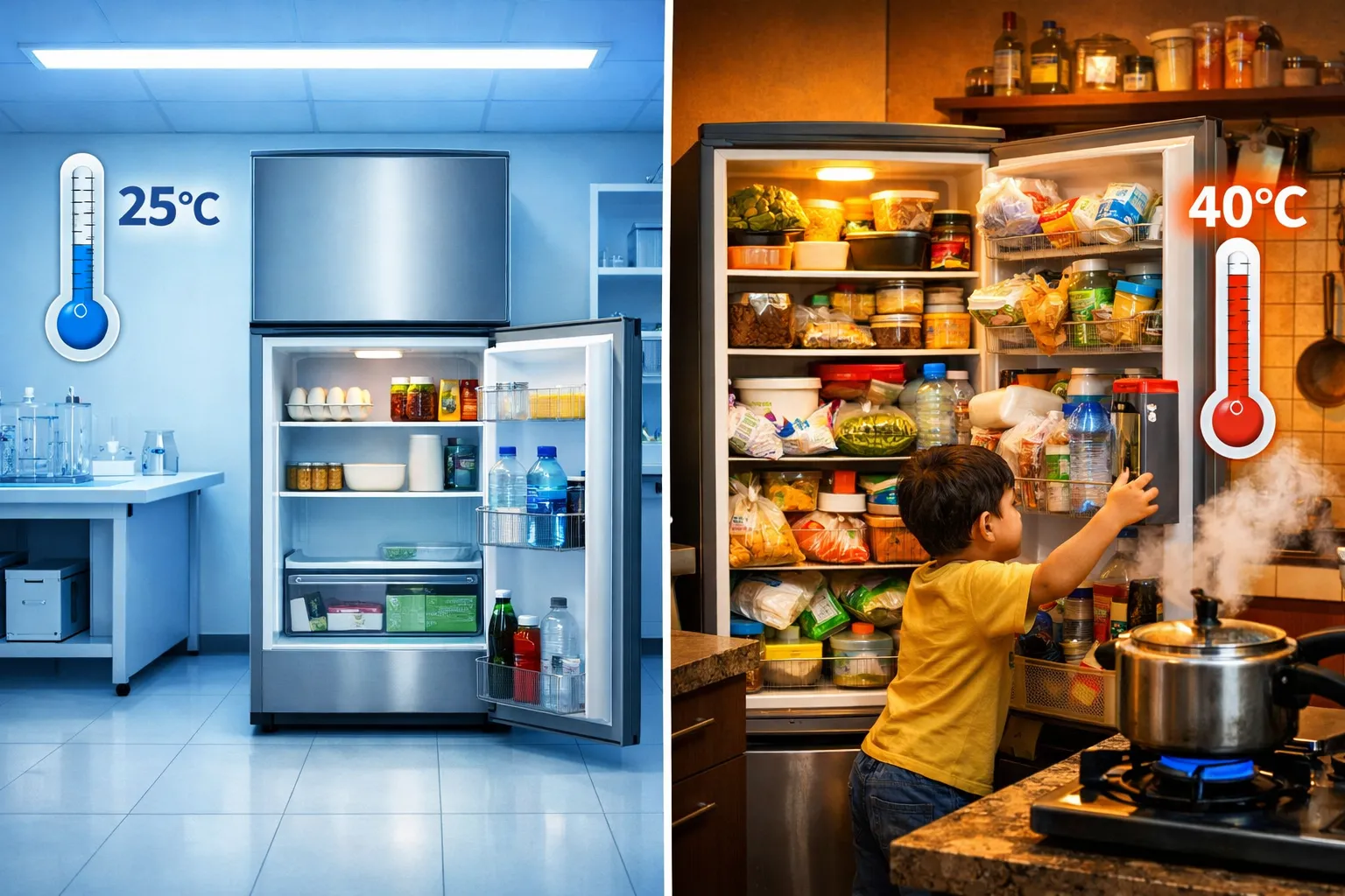 Split comparison of a refrigerator in a cool 25 degree BEE lab environment versus a hot 40 degree stuffed Indian kitchen with a child opening the door
