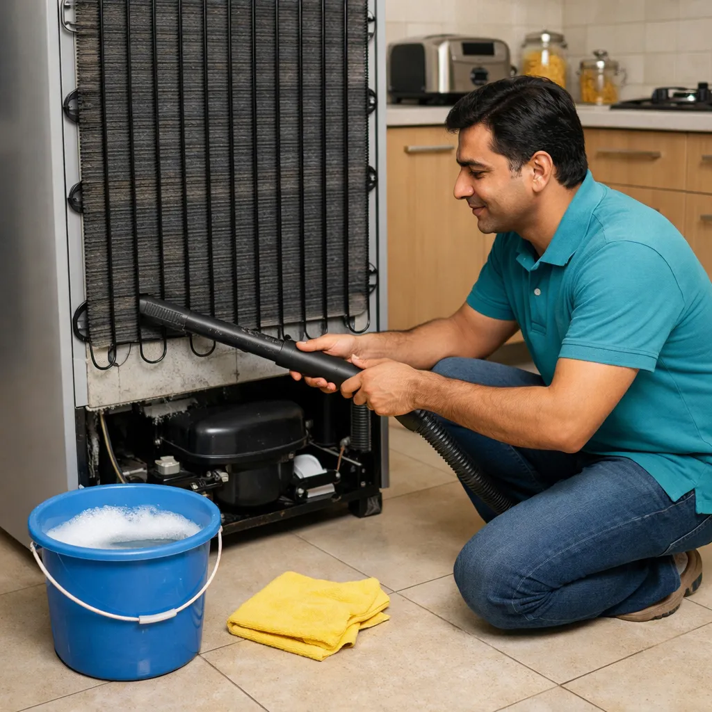 A man cleaning dusty condenser coils at the back of a refrigerator with a vacuum cleaner in an Indian kitchen