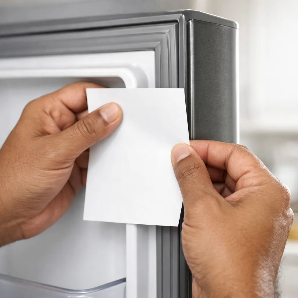 Close-up of hands performing the paper test on a refrigerator door seal to check for air leaks