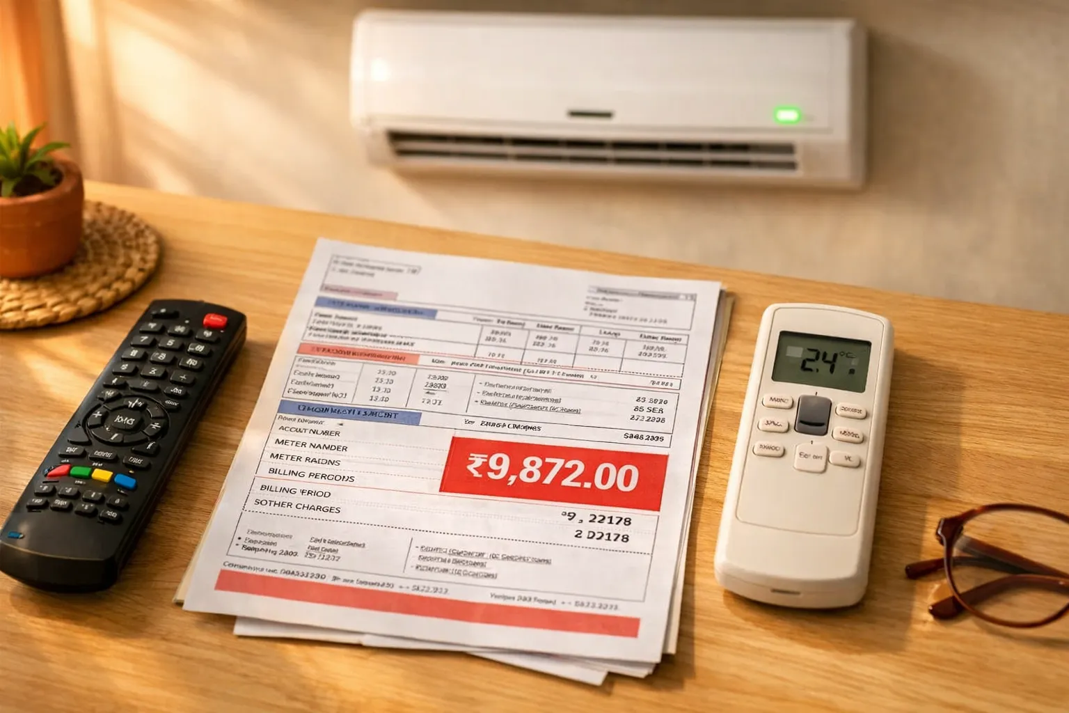 Indian household electricity bill next to a wall-mounted split AC unit in a bedroom during summer