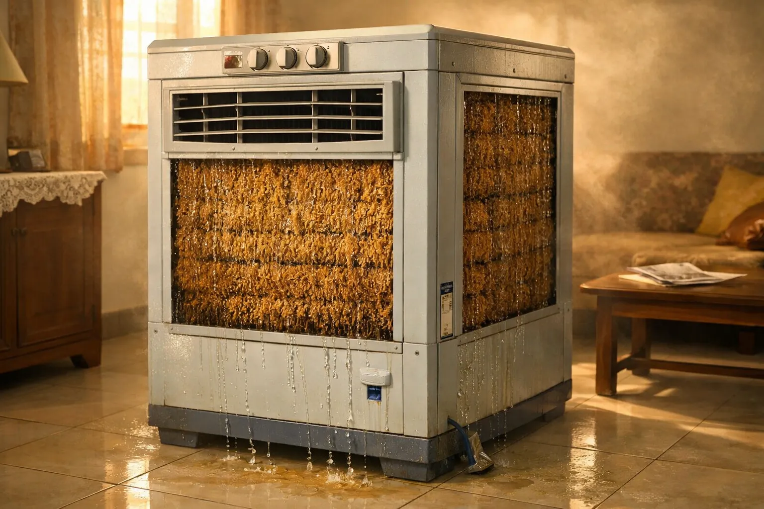 Close-up of a desert cooler with wet cooling pads and a water tank in an Indian home during summer