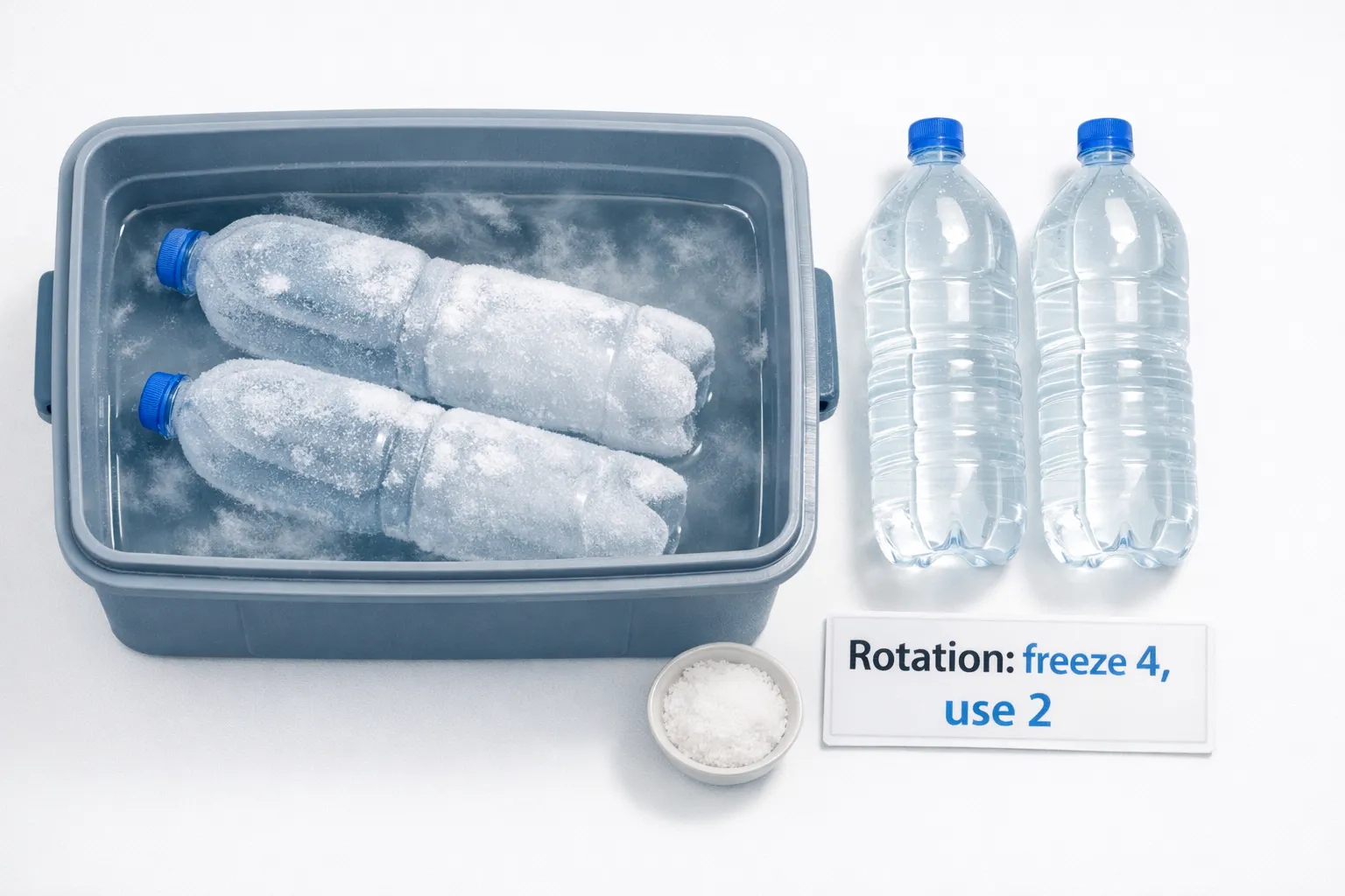 Two frozen 2-litre PET bottles with salt water inside, placed in an air cooler water tank