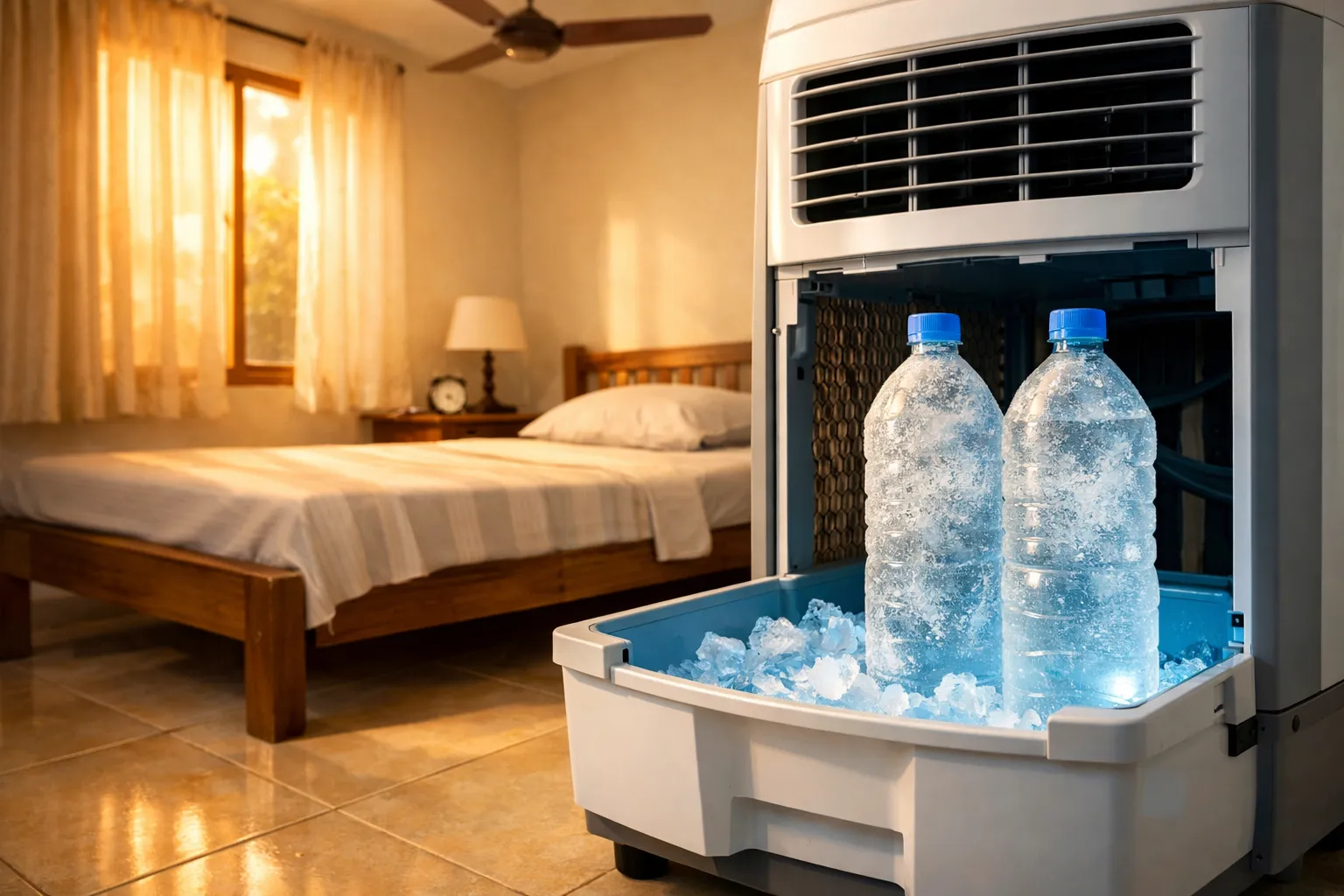 A desert air cooler with frozen water bottles placed inside the tank in an Indian bedroom during summer