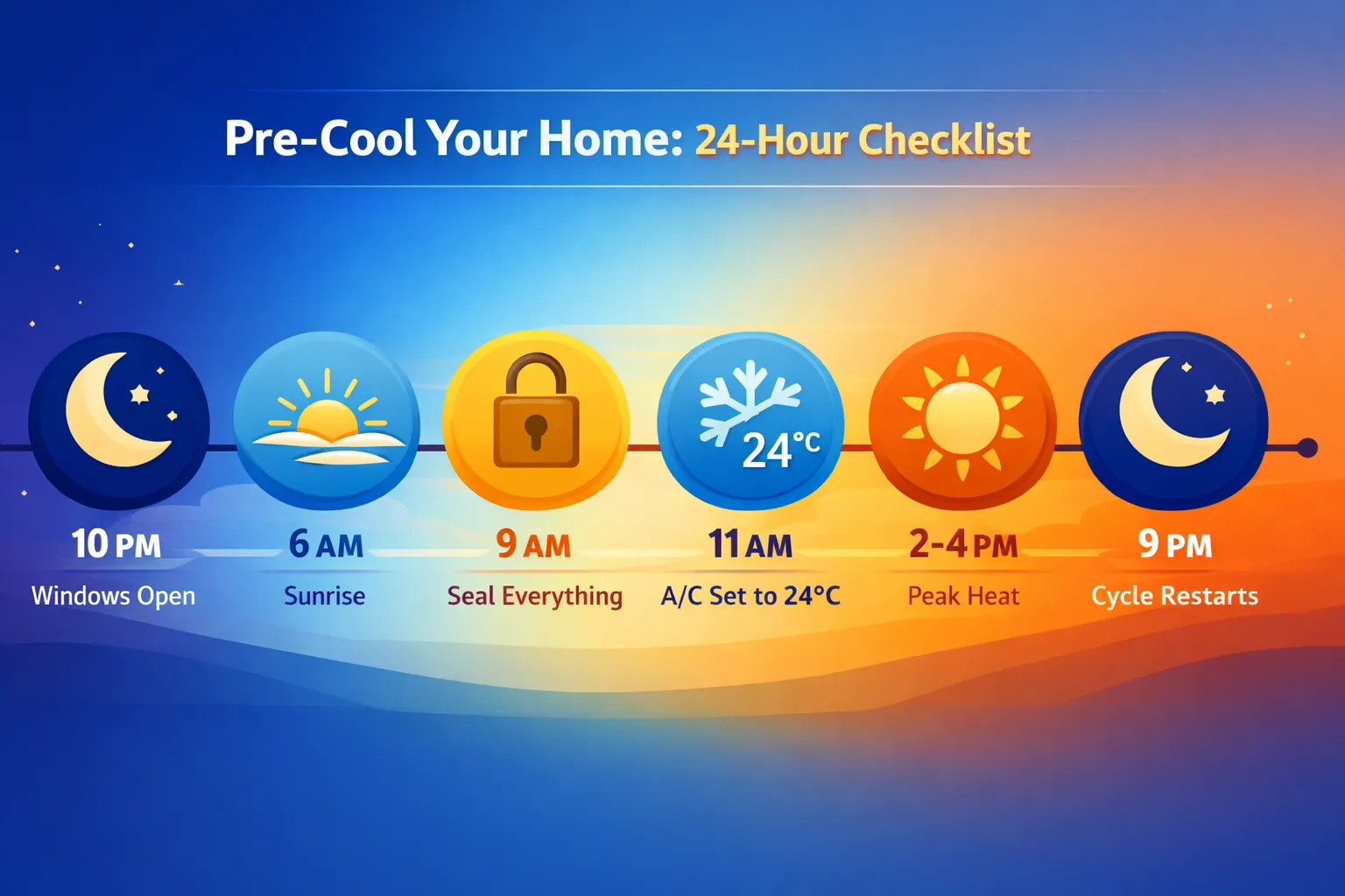 Visual timeline showing 24-hour pre-cooling checklist from evening to next afternoon in an Indian home