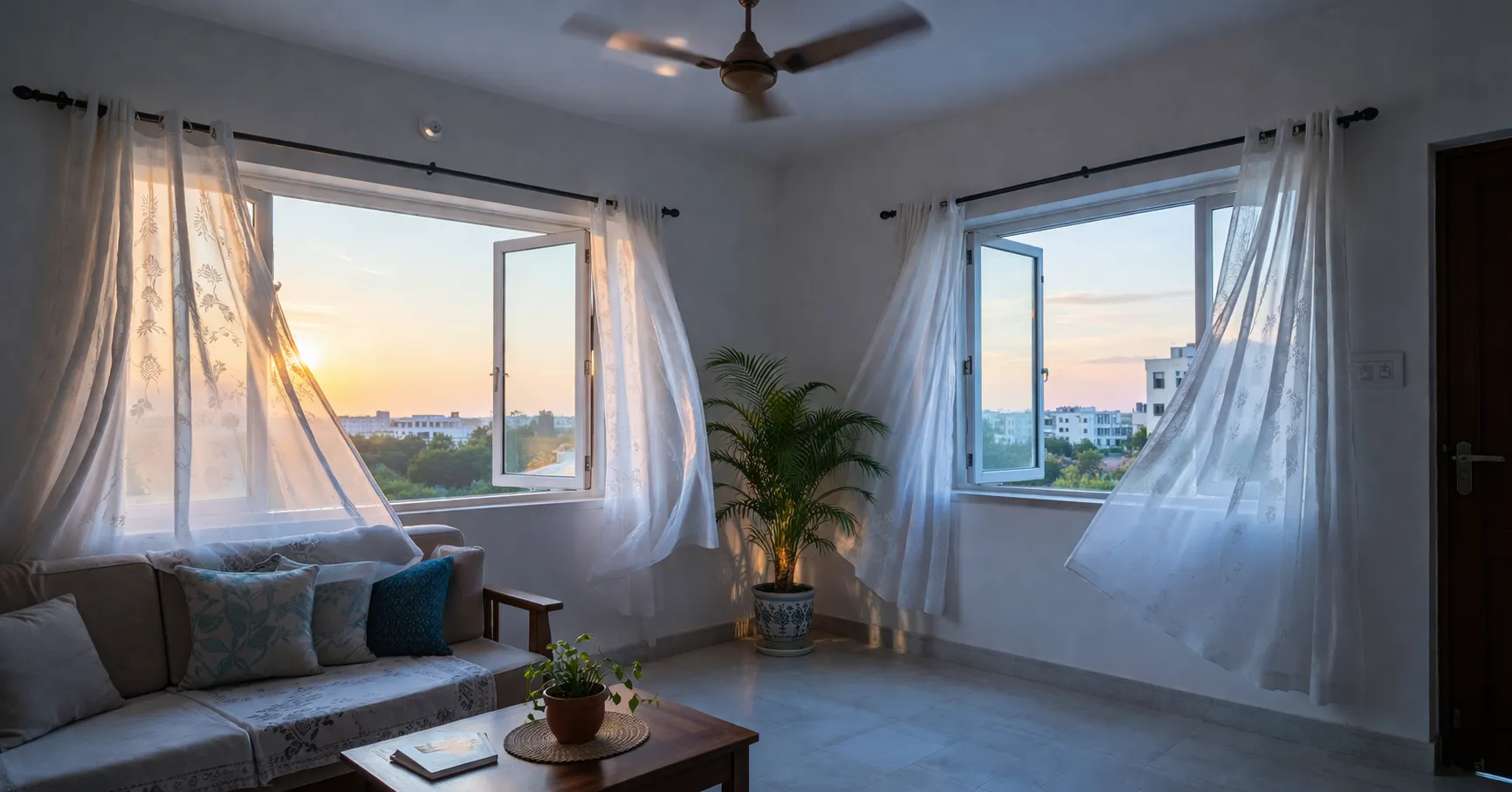 Indian home with open windows at dawn showing cross-ventilation strategy before a summer heatwave