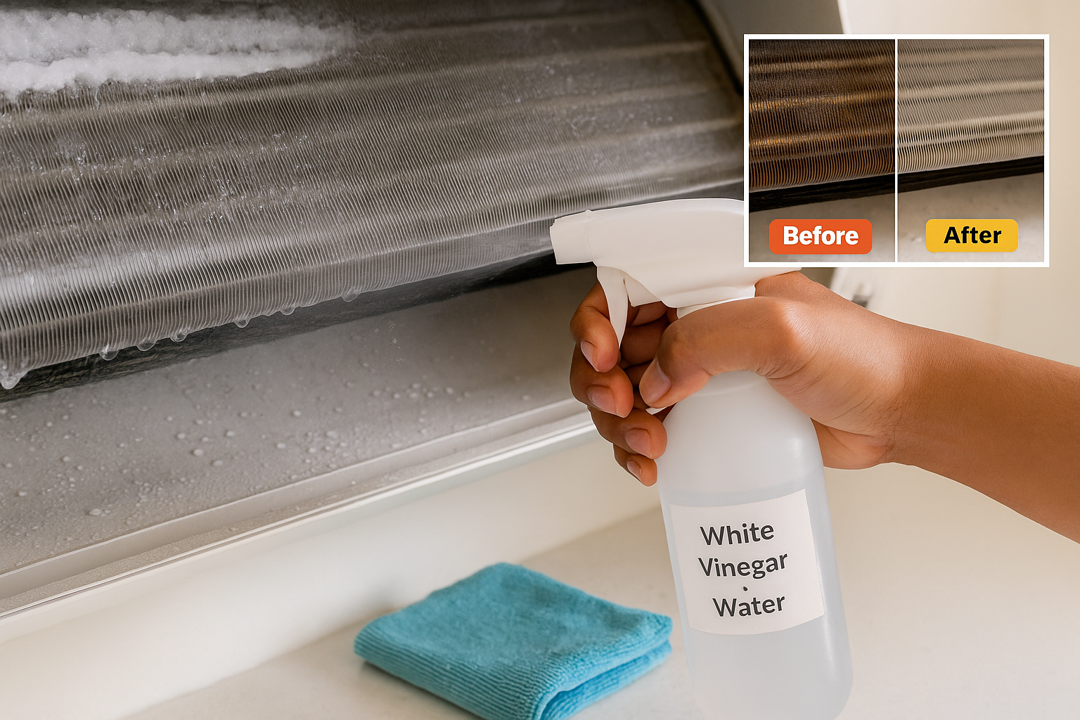 AC coil cleaning with vinegar spray method Hand spraying white vinegar solution on AC evaporator coils to clean calcium deposits and prevent freezing