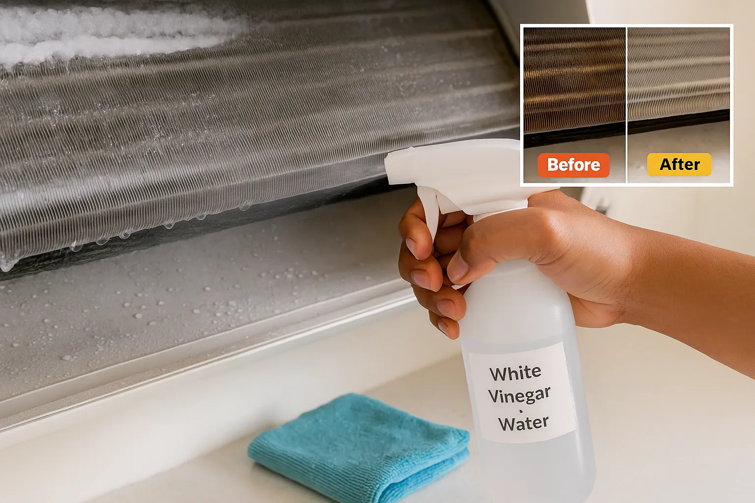Hand spraying white vinegar solution on AC evaporator coils to clean calcium deposits and prevent freezing