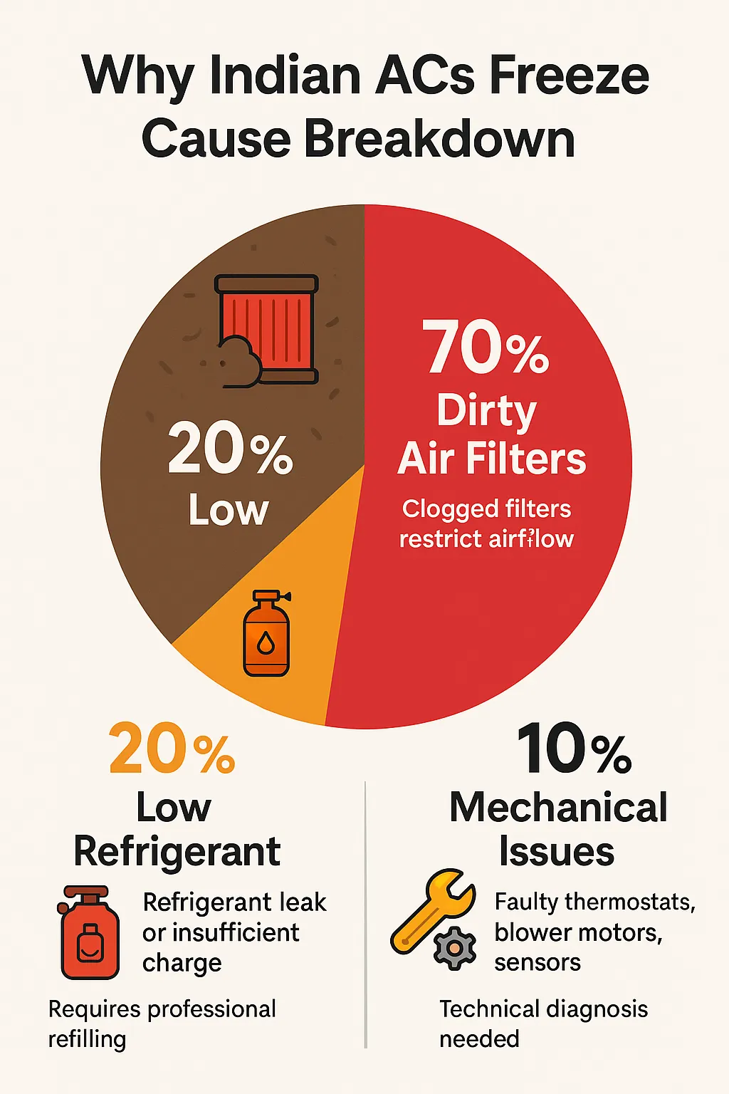 AC freezing causes breakdown infographic Pie chart infographic showing why Indian ACs freeze: 70% dirty air filters, 20% low refrigerant, 10% mechanical issues