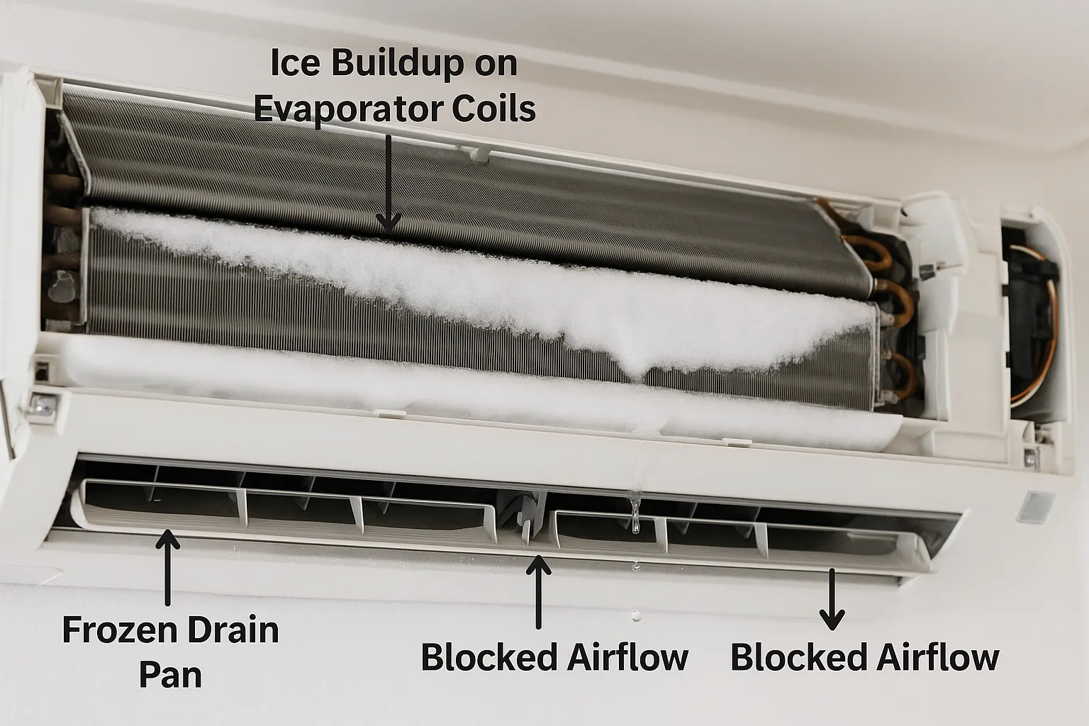 Frozen split air conditioner evaporator coil with heavy ice buildup on indoor unit showing blocked airflow and frozen drain pan in Indian home