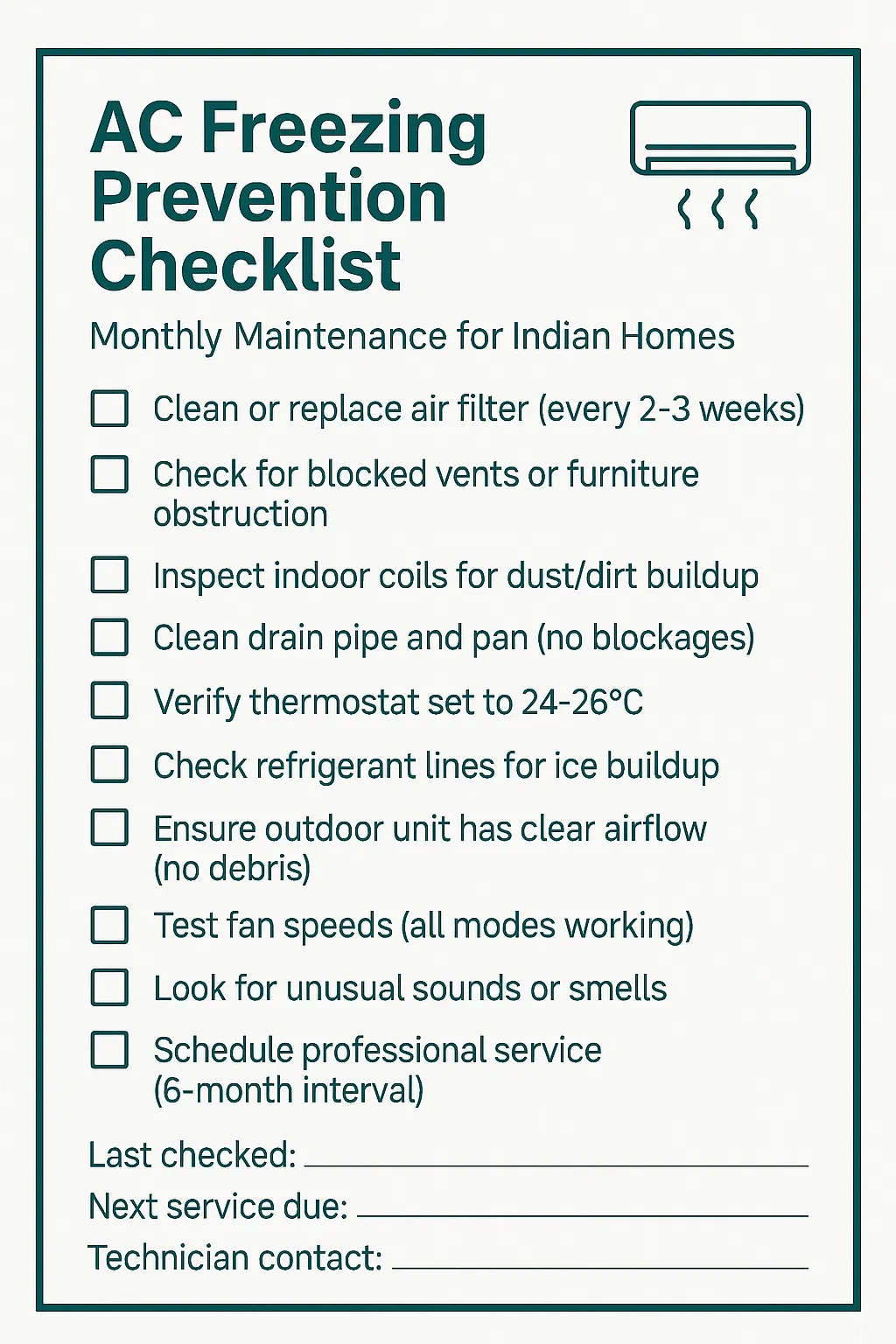 AC freezing prevention checklist for Indian homes showing monthly maintenance tasks including filter cleaning and thermostat settings