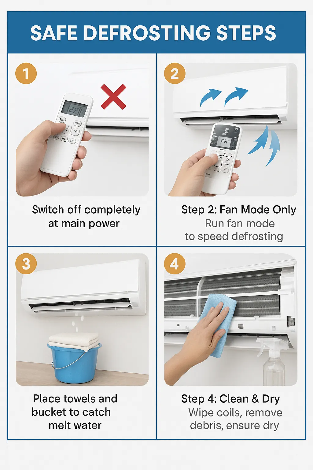 Safe AC defrosting steps showing 4 panels: turn off power, run fan mode, place towels to catch water, and clean dry coils