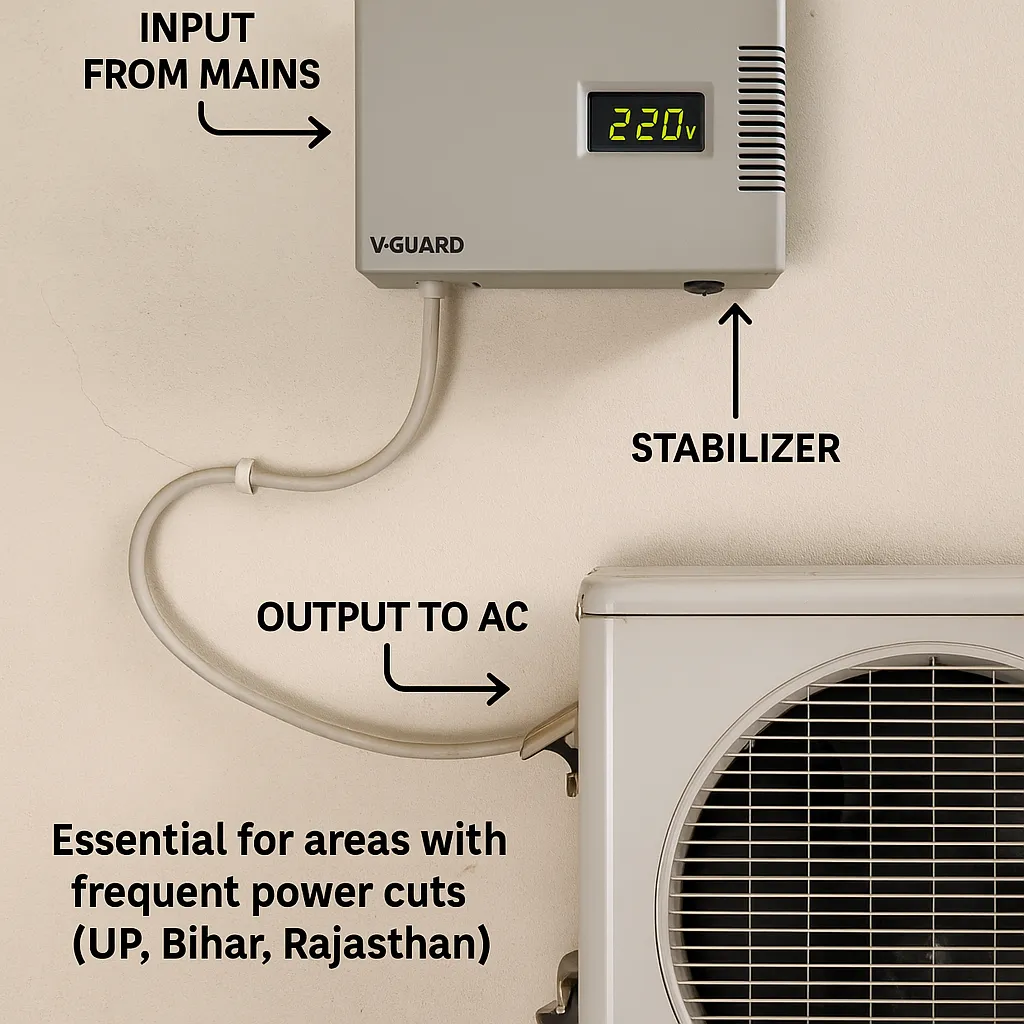 Voltage stabilizer installation for AC showing input from mains, stabilizer unit, and output to AC for Indian homes with frequent power cuts