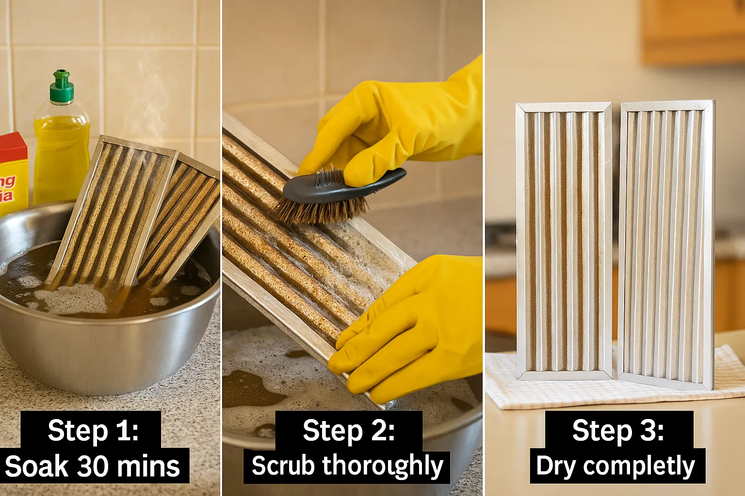 Step-by-step kitchen chimney baffle filter cleaning process showing soak in hot water, scrub thoroughly, and dry completely before reinstalling