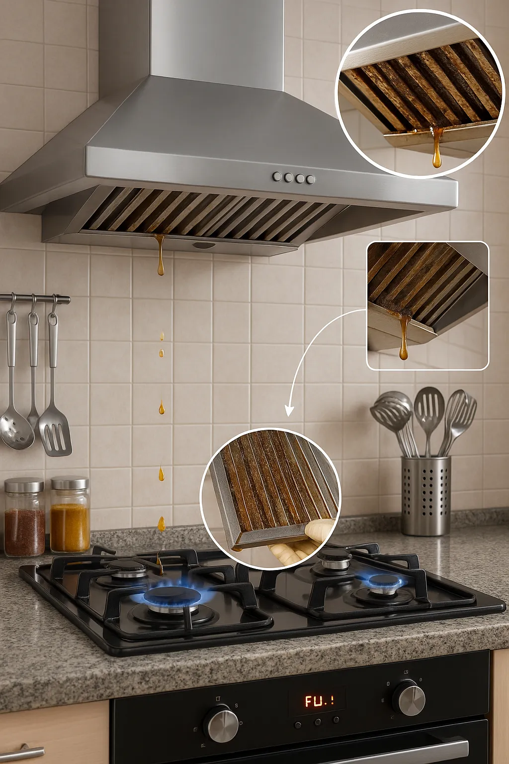 Kitchen chimney with oil-saturated baffle filters showing oil buildup in grooves and filter maintenance in Indian kitchen