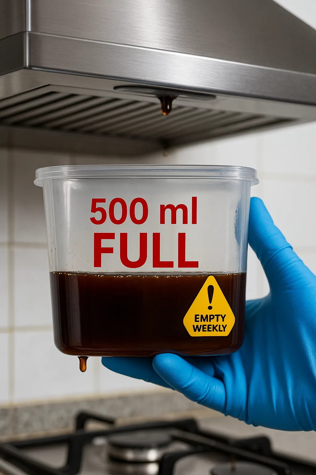 Overfilled 500ml oil collection tray in auto-clean kitchen chimney showing dark brown cooking oil requiring weekly emptying for Indian cooking