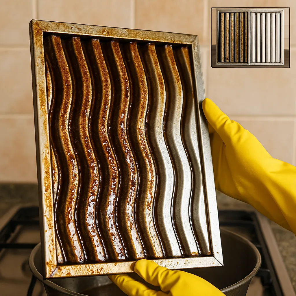 Close-up of saturated baffle filter with brown oil buildup showing when to clean kitchen chimney filters in Indian cooking context