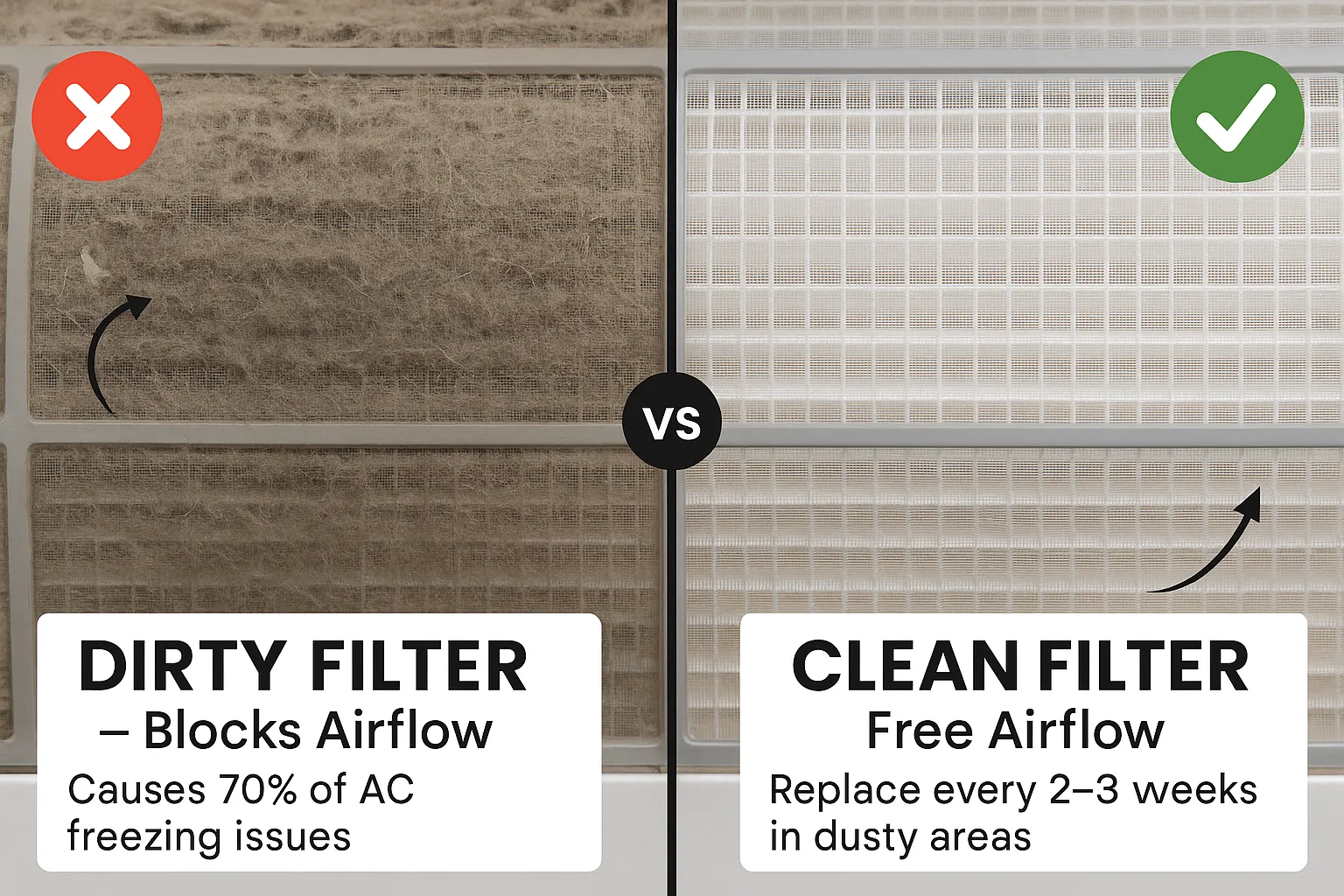 Side-by-side comparison of dirty clogged AC filter blocking airflow versus clean filter with free airflow for Indian homes