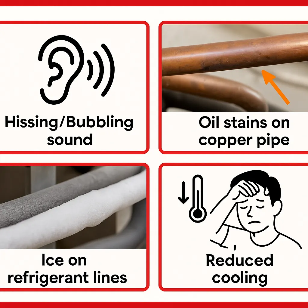 Four warning signs of refrigerant leak: hissing sound, oil stains on copper pipes, ice on refrigerant lines, and reduced cooling performance