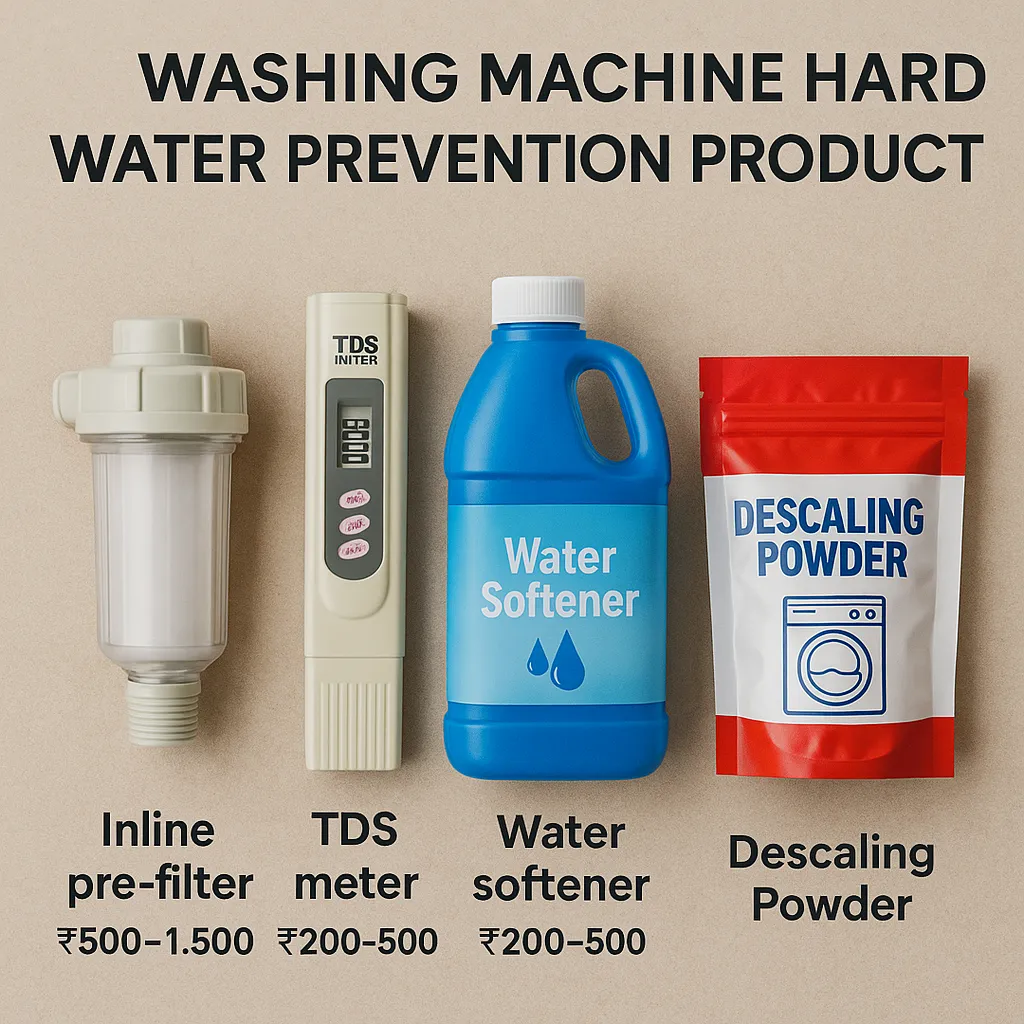 Product showcase of hard water prevention solutions including inline pre-filter, TDS meter, water softener, and descaling powder with price labels in Indian rupees