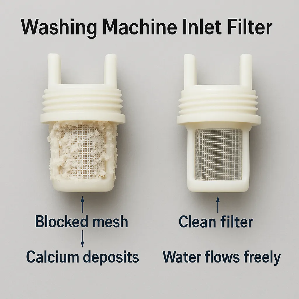 Side-by-side comparison of clogged washing machine inlet filter with white calcium deposits versus clean filter showing clear mesh