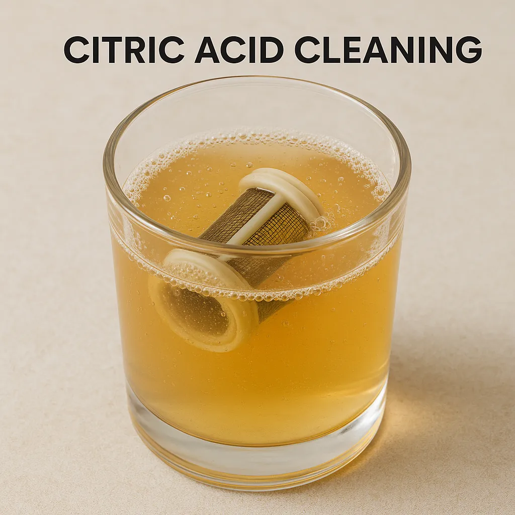 Glass container with citric acid solution and washing machine filter soaking for hard water deposit removal
