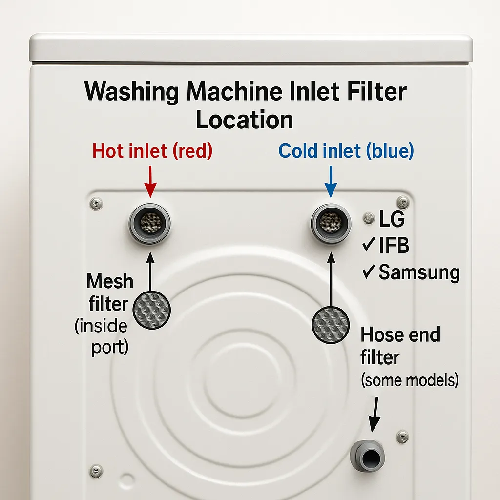Annotated washing machine back panel diagram showing inlet filter locations for different brands like LG, IFB, and Samsung with arrows pointing to hot and cold water inlet connections